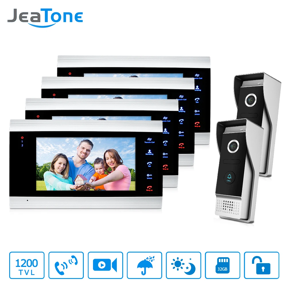 JeaTone 7 Inch Door Phone 4 color Video Doorbell monitor&2 High Resolution IR Night Outdoor Camera Home security Intercom System