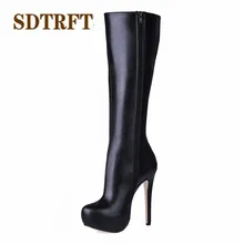 SDTRFT/демисезонные мотоциклетные сапоги до колена на высоком каблуке 14 см пикантная обувь на платформе с круглым носком женские Вечерние/свадебные туфли-лодочки