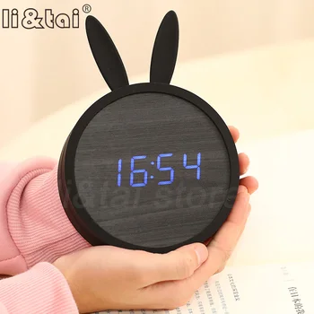

Cute Rabbit Silicone Electronic Wooden table clock LED Wooden Alarm Clocks Cartoon Calendar Perfection Voice Control for kid's