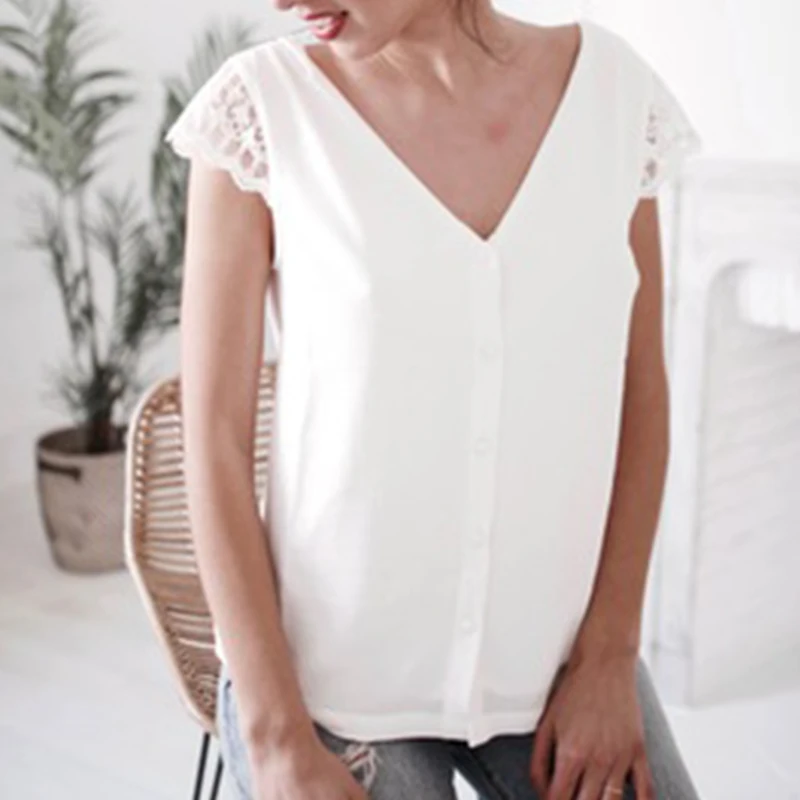 

Women Short Sleeve Lace Tops Casual Backless Blouse Summer V Neck Chiffon Blouses