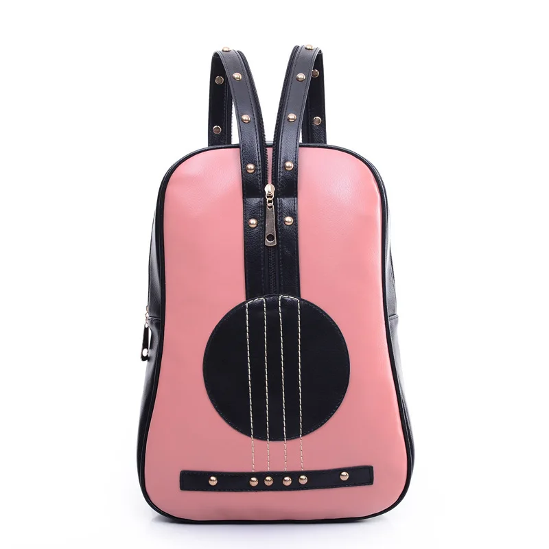 Brands New PU Backpack Rivets Preppy Style Guitar Shape Bag Mens Zipper Street School Backpack For
