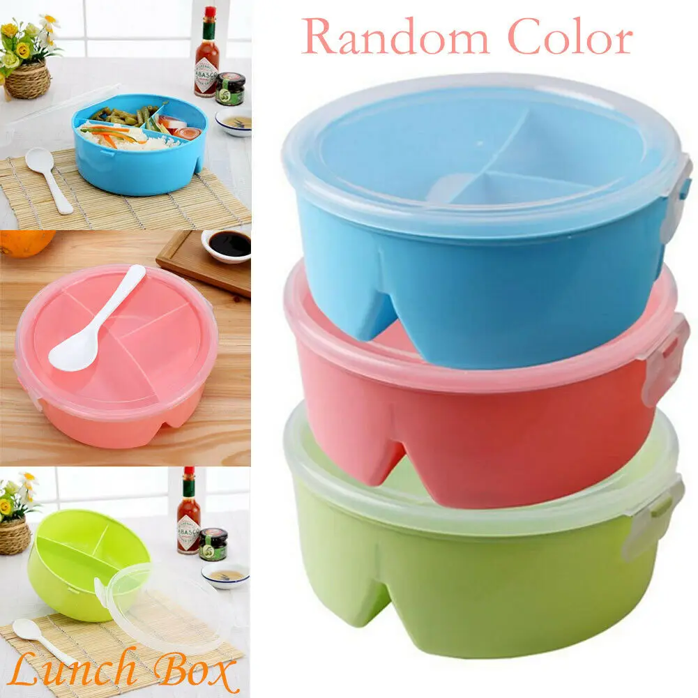 

Hot Sells Plastic Lunch Box Food Container Set 3 Colors Round Shaped With Spoons