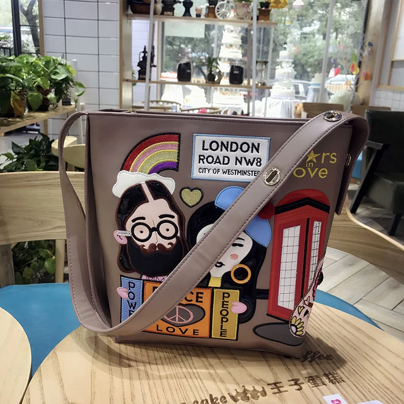 

Women Cartoon Bag Embroidery Fashion Chic Bucket Ladies Cross Body Shoulder Bag Female Elegant Handbags Shopper Bag 2019 New