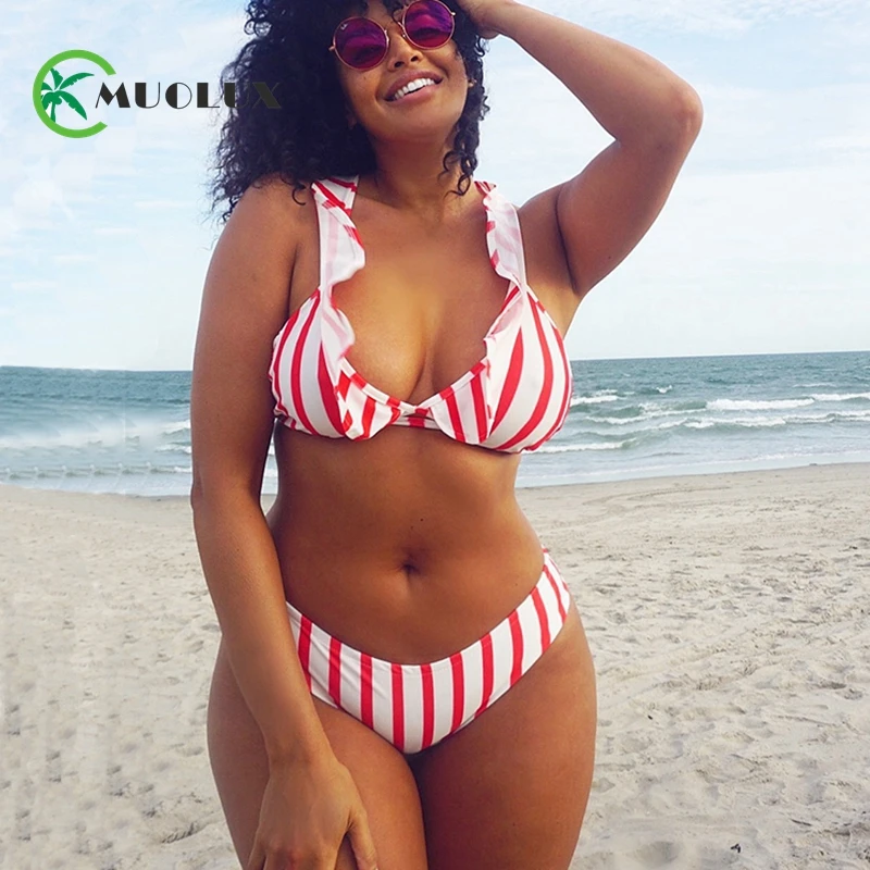 

2019 Sexy Red Ruffle Plus Size Swimwear Women Swimsuit Push Up Bikini Biquini Large Size Swimwear Stripe Bathing Suit Beach Wear