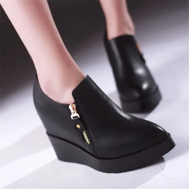 New Leather Shoes Women High Heels Pointed Toe Wedge Shoes Woman Pumps
