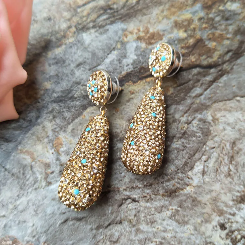 1 pair Teardrop Golden Crystal Earrings Paved Rhinestone Beads Dangle Earring Handmade Zircon Jewelry For Women ER161 | Украшения и