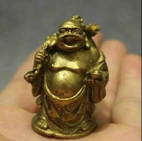 Chinese Buddhism brass Gourd Yuanbao Happy Laugh Maitreya Buddha Statue 