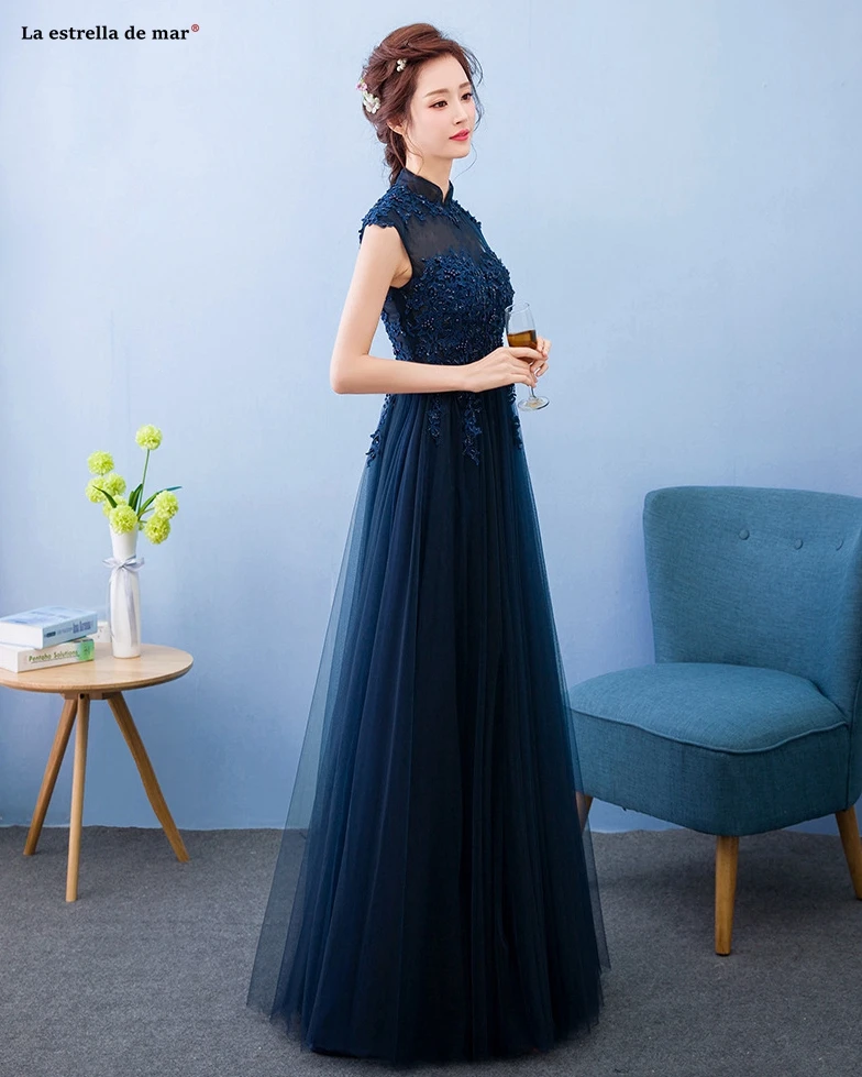 Vestido de madrinha2019 Новое Тюлевое Расшитое Бисером, с высоким воротником, с коротким рукавом, ТРАПЕЦИЕВИДНОЕ голубое платье для подружки невесты