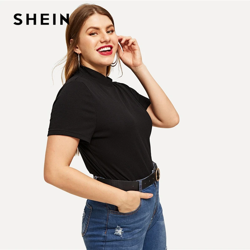 SHEIN черная трикотажная тонкая облегающая футболка с воротником, топ с коротким рукавом, летняя футболка размера плюс, Женские повседневные футболки топы
