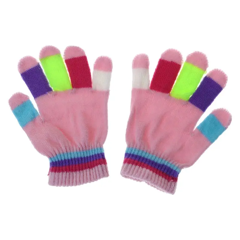 1 пара, детские перчатки, теплые зимние детские цветные вязаные перчатки в полоску для мальчиков и девочек, Однотонные эластичные перчатки разных цветов - Цвет: PK