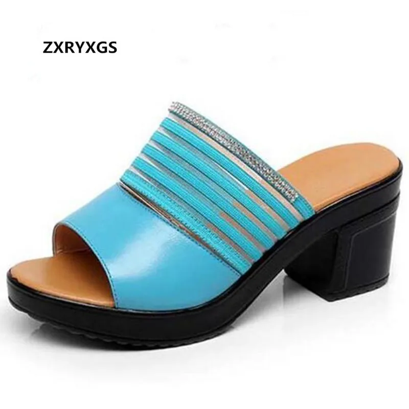

Hot 2019 New Summer Rhinestone Mesh Genuine Leather Slippers Fashion Sandals High Heels Plus Size Summer Women Sandals Slippers
