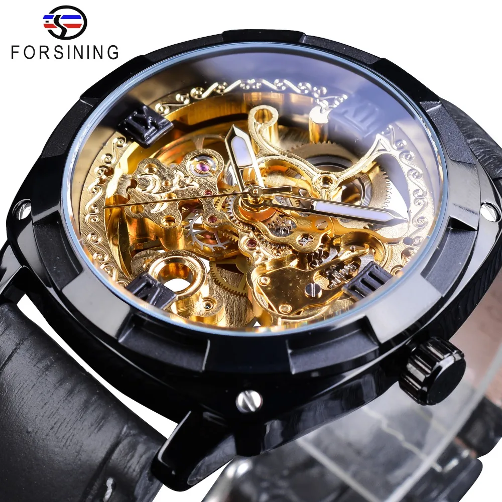 

Forsining Royal Black Golden Clock Transparent Case Fashion Black Genuine Leather Band Luminous Hands Automatic Watches for Men