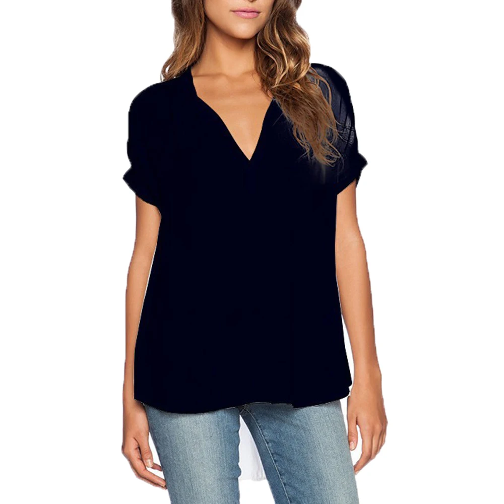 Summer Women V neck Blouses Short sleeved Shirt Solid Color Female ...