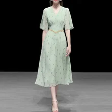 Зеленый цветочный принт миди шифоновое платье для женщин Лето элегантное платье с v-образным вырезом и коротким рукавом до середины икры платье для подиума