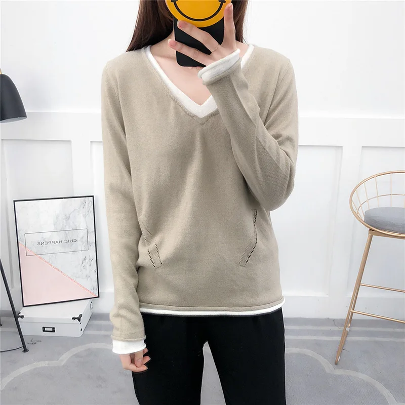 HZYRMY 2018Spring and Autumn New Women's Cashmere Sweater Fashion Loose V-neck Solid Shirts Wool Knit Pullover soft Warm Sweater