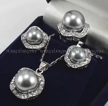 

Selling Jewelry>>> Silver Gray Shell Pearl Round Beads Earrings / Ring / Necklace Pendant Set AAA+