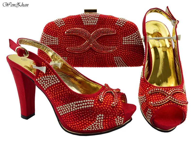 

Red Color Rhinestone Wedding Platfrom Shoes High Heel WENZHAN Italian Matching Shoes and Bag Set for Nigeria Party 11cm B87-12