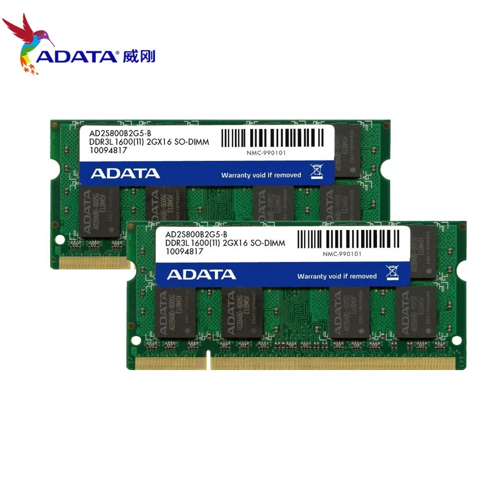 AData 4GB 2 шт. X2GB DDR3L 2 ГБ 2 г 1600 МГц 2RX8 PC3-12800 DDR3 Тетрадь Оперативная память SO-DIMM 1333 10600 2G 204-PIN