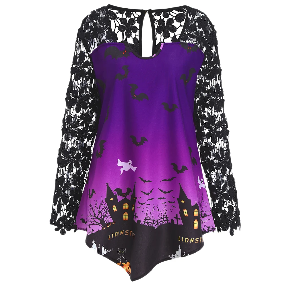 

Wipalo Shirts Plus Size Halloween Lace Panel Asymmetrical T-Shirt Fashion Punk Rock Design Hollow Out Castle Print Women Top 5XL