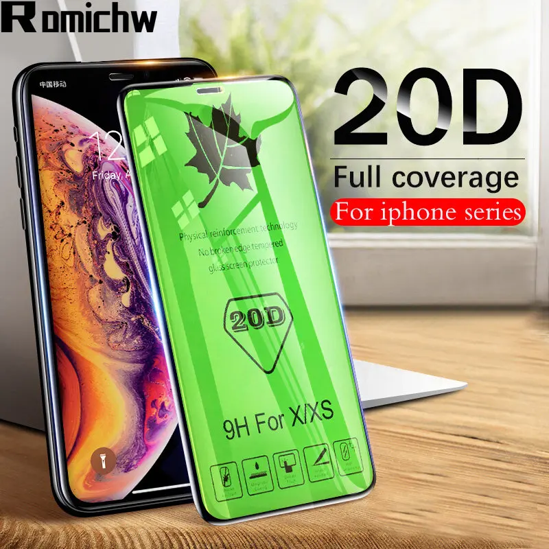 

ROMICHW 20D Curved Tempered Glass Sceen Protector For iPhone X Xr Xs XsMax Protective Glass For iPhone 6 7 8 Plus