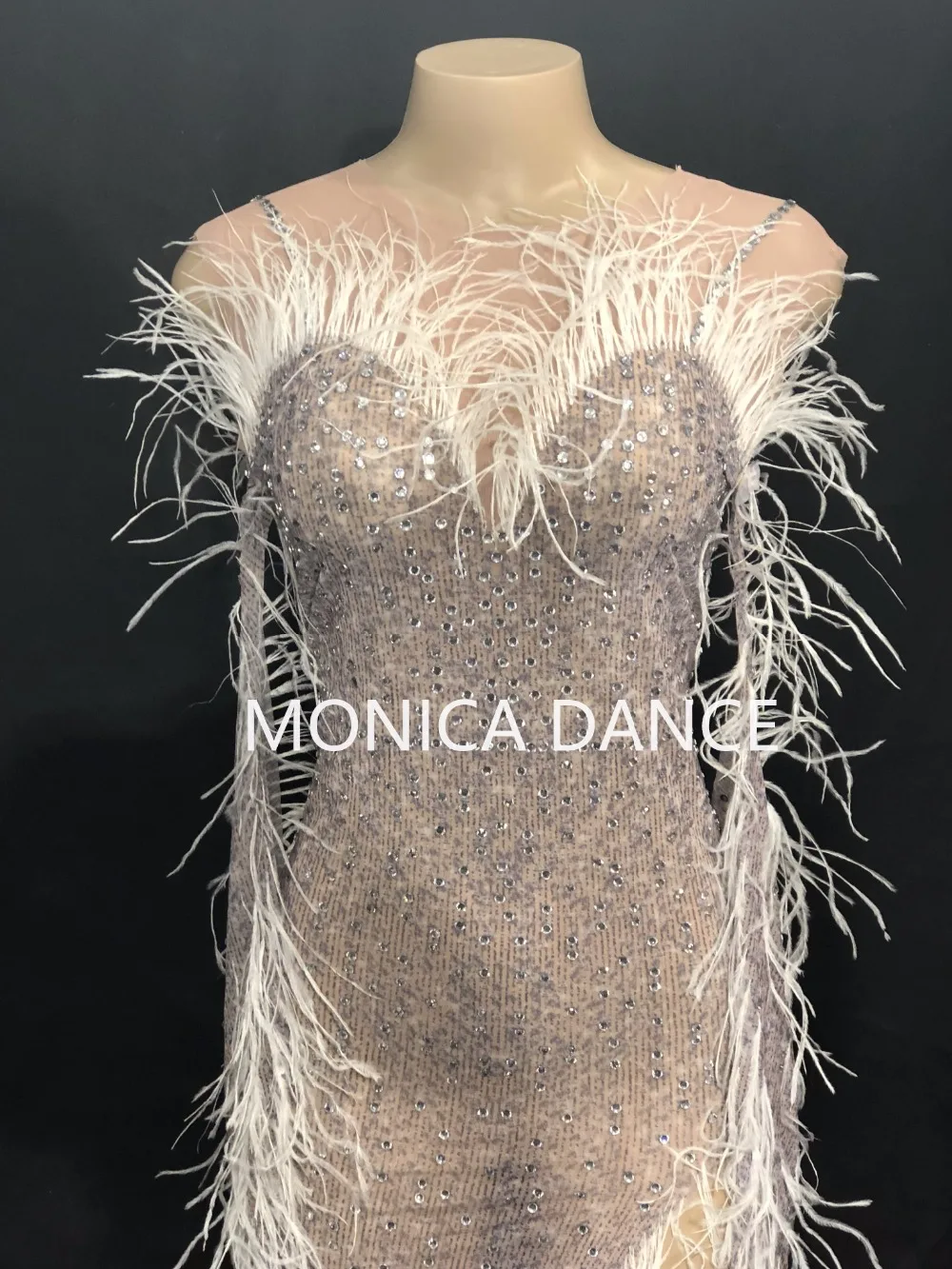 Женская сексуальная пряжа длинное платье белое перо сверкающие кристаллы ночной клуб день рождения сценическая одежда певица шикарное платье костюм
