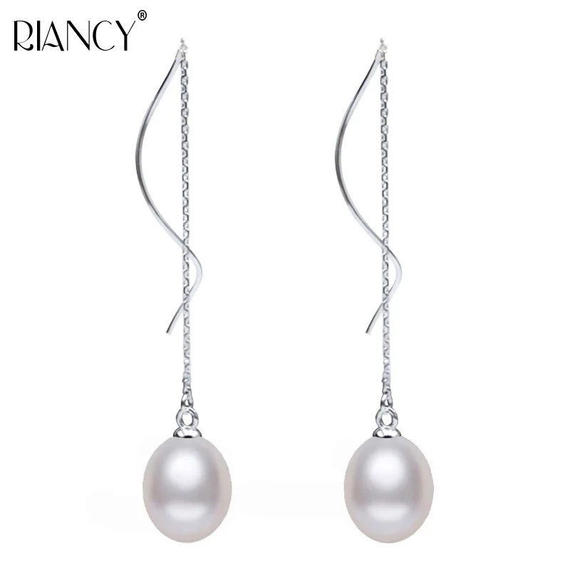 

Fashion High quality Natural freshwater white Pearl Earring 925 sterling silver Long Ear line For women Girl party gift