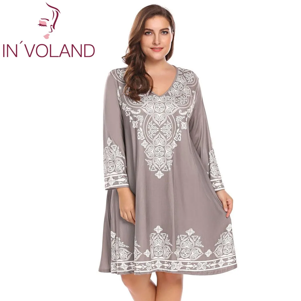 

IN'VOLAND Plus Size XL-5XL Women Vintage Dress Loose Casual V-Neck Long Sleeve Printing A-Line Tunic Dresses Vestidos Large Size