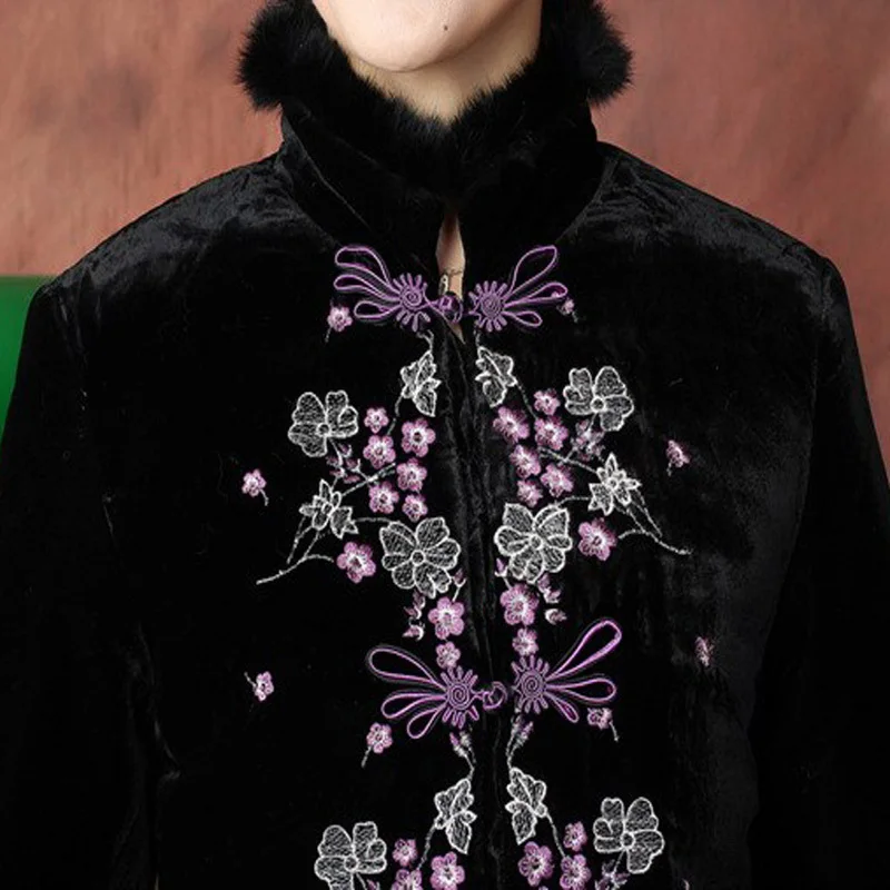 Новинка, Высококачественная Черная Женская зимняя велюровая стеганая куртка с вышитыми цветами и кроличьим мехом, M L XL XXL 3XL 4XL, TF, 004