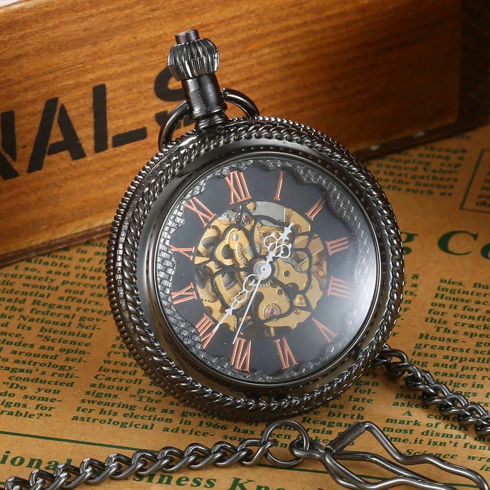 

Retro Black Full Steel Mechanical Pocket Watch Screw thread Carving Dial Steampunk Analog Hand Winding Mechanical Pocket Watch