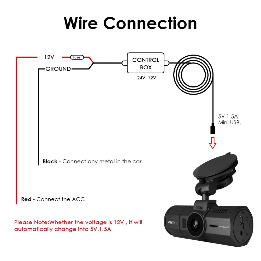 VANTRUE Dash Cam комплект жестких дисков-12/24 V to 5V Mini-USB и схема предохранители патрон предохранителей, низкая Напряжение защита для N2 Pro/N2/X4/T2/N1 Pro/X3