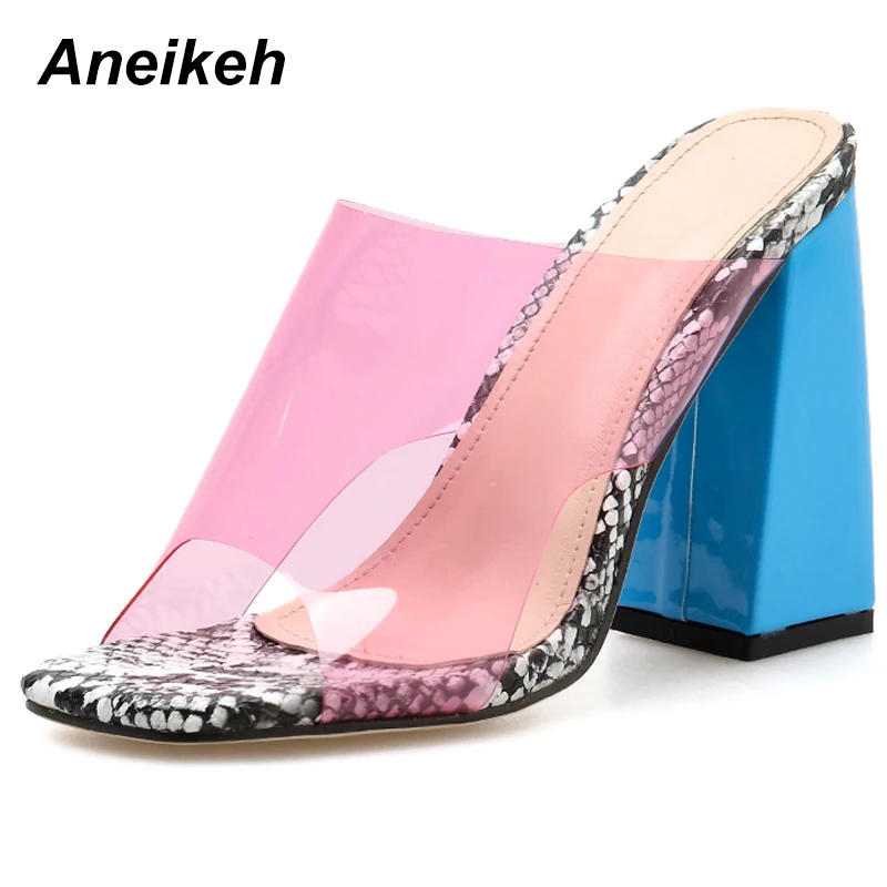 Aneikeh/ г.; модные выразительные Шлепанцы из ПВХ на высоком каблуке; шлепанцы на квадратном каблуке; пикантные прозрачные женские туфли-лодочки с открытым носком; размеры 41, 42