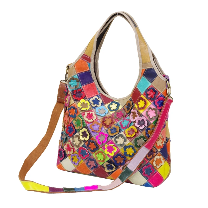 

The new breed of cow leather head layer of leather fashionable flower color splicing single shoulder slanting lady's bag