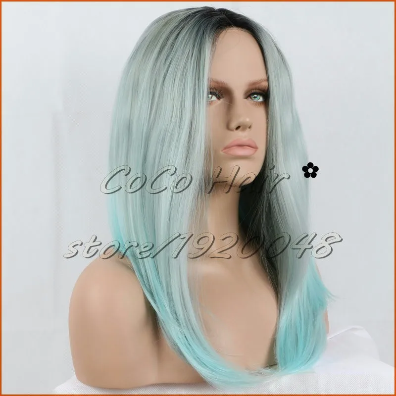 mint blue bob Ombre Wig Brown root (5)