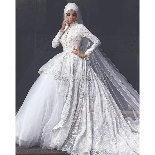 Vintage font b Hijab b font Lace Arabic Turkish Muslim Bridal Wedding Dress Ball Gown Asymmetric