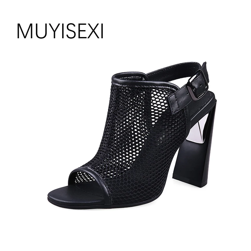 Women high heel summer gladiator sandals black Mesh party shoes woman