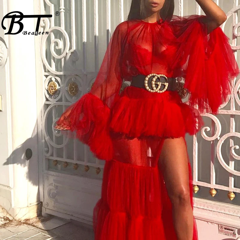 

Beateen 2018 New Fashion Women Party Sexy O Neck Long Flare Sleeve Mesh Ruffles Perspective Layered Split Elegant Maxi Dress