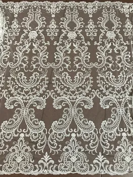 

Embroidered tulle mesh fabric with pearls White french net lace fabric for wedding dress