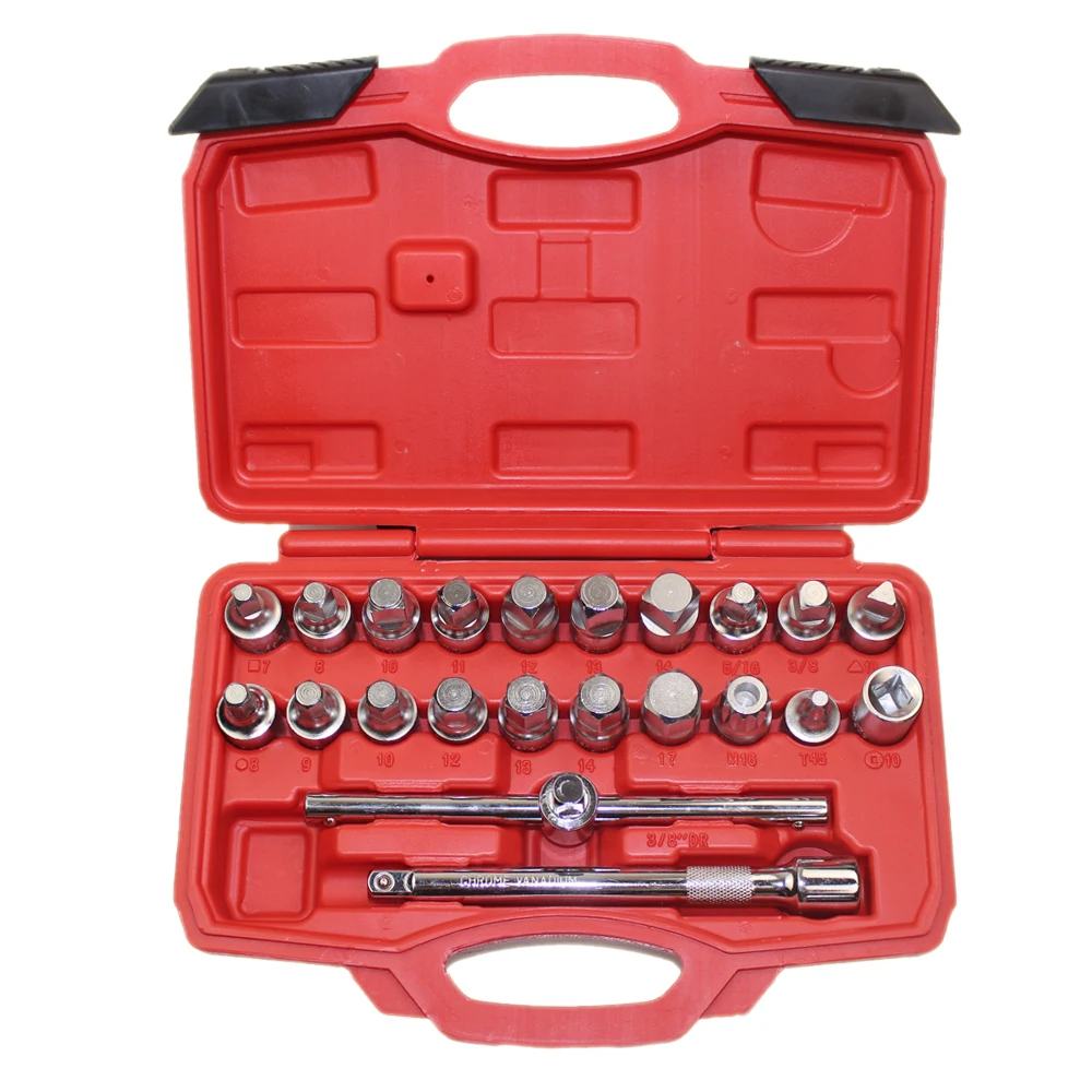 22PCS Oil Drain Plug Removal Tool Key Set Square Hexagon Socket Kit Nut