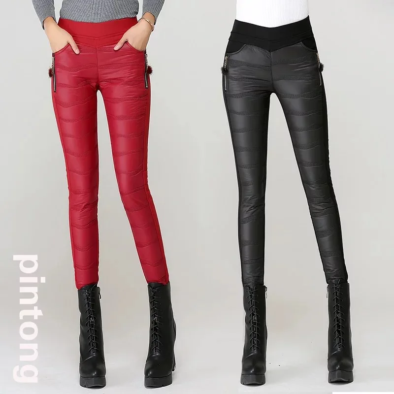 Женские пуховые брюки с высокой эластичной резинкой на талии, женские зимние теплые зимние брюки, женские эластичные элегантные обтягивающие брюки сексуальные брюки замшевые брюки женские чёрный красный