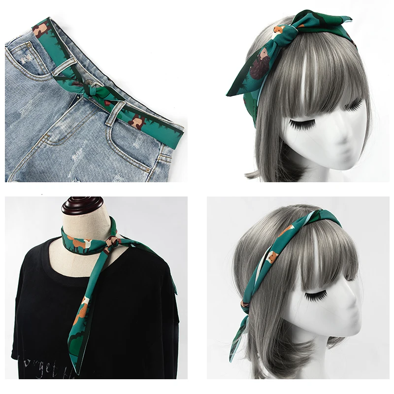 

Design women hair ribbons print cartoon imtated silk small long scarf bags headbands fashionable girls neckerchief neck scarves