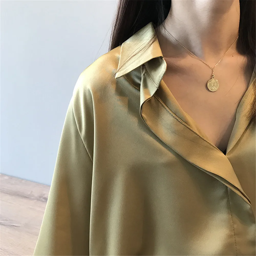 High quality Imitation Silk Blouse 2019 All Match Women Satin Blouses Office Long Sleeves Femme V Neck Loose Street Shirts 0322 (22)