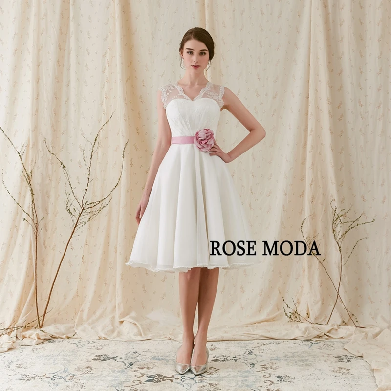 Rose Moda модное Короткое свадебное платье с розовым цветком, v-образным вырезом, длиной до колена, пляжные свадебные платья с кружевной спинкой