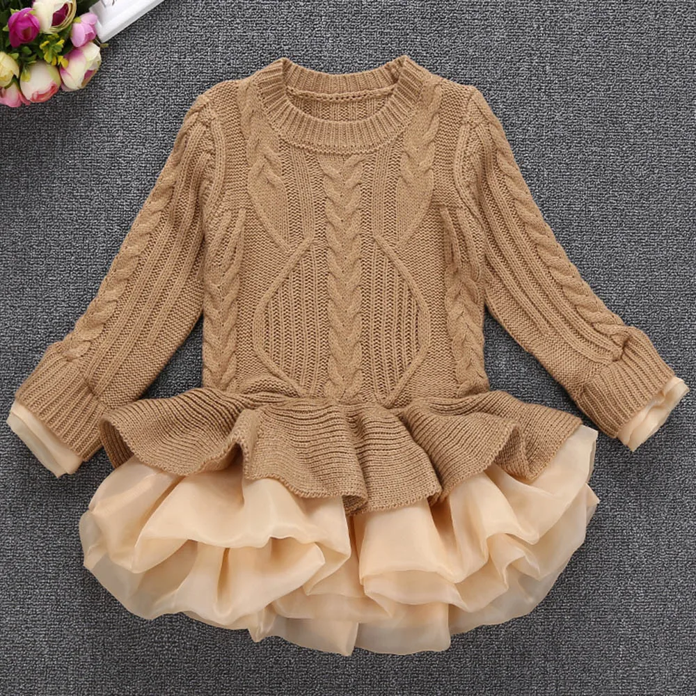 

New 2018 Girls Party knitted Sweater Autumn Winter Children Clothing Pullovers Sweaters Crochet Kids Girl Clothes Dresses @35