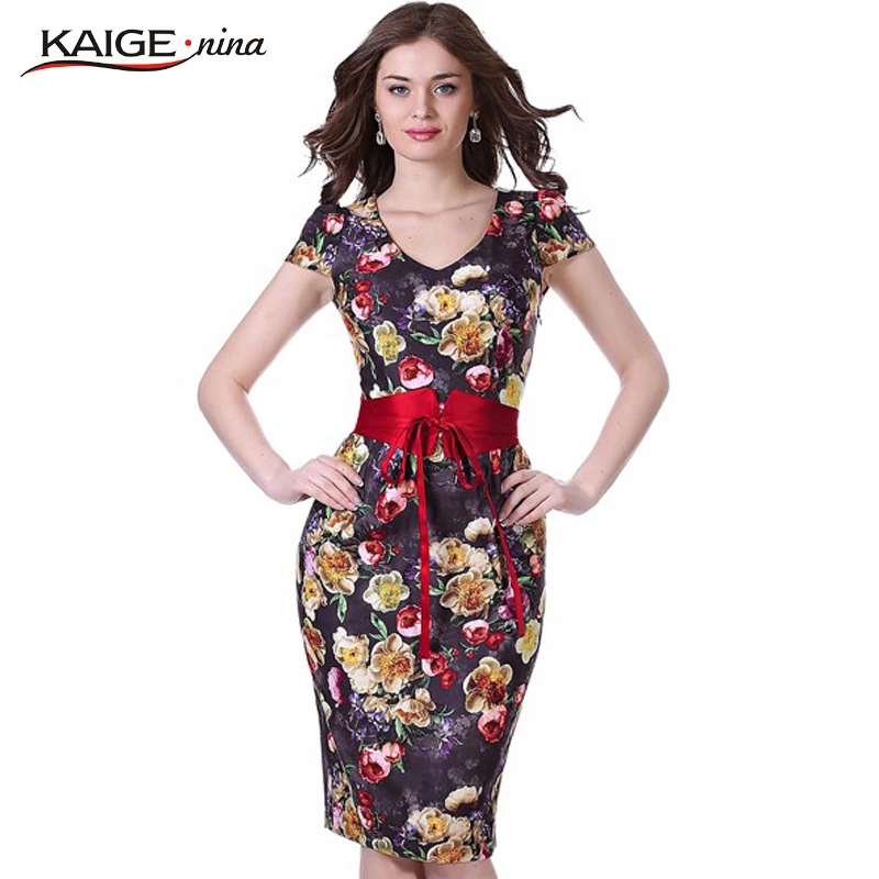 Kaige.Nina New Women's Fashion Vestidos Printing Style Short Sleeves V-Neck Belt Decoration Tight Knee-length  1607 a