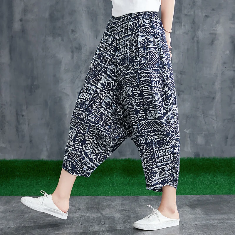 #0641 Summer Vintage Wide Leg Pants Women Elastic Waist Retro Cross Pants Ladies Floral Printed Cotton Linen Trousers Femme #0641 Summer Vintage Wide Leg Pants Women Elastic Waist Retro Cross Pants Ladies Floral Printed Cotton Linen Trousers Femme