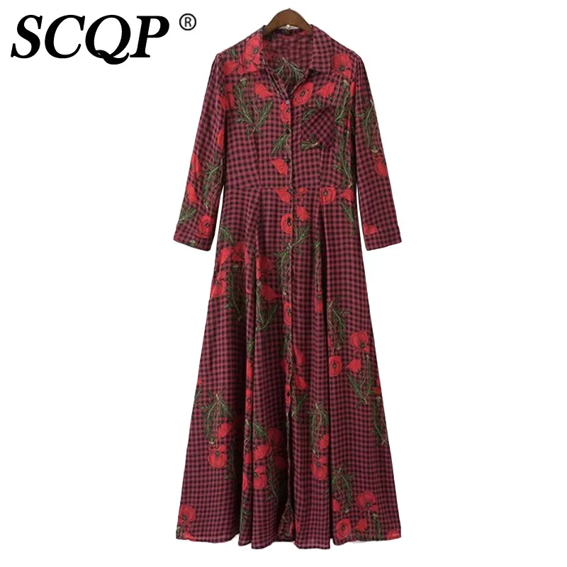 SCQP Red Plaid Floral Printed Three Quarter Woman Dress Pockets Turn-down Collar Loose Rockabilly Dresses Spring Women Clothing | Женская