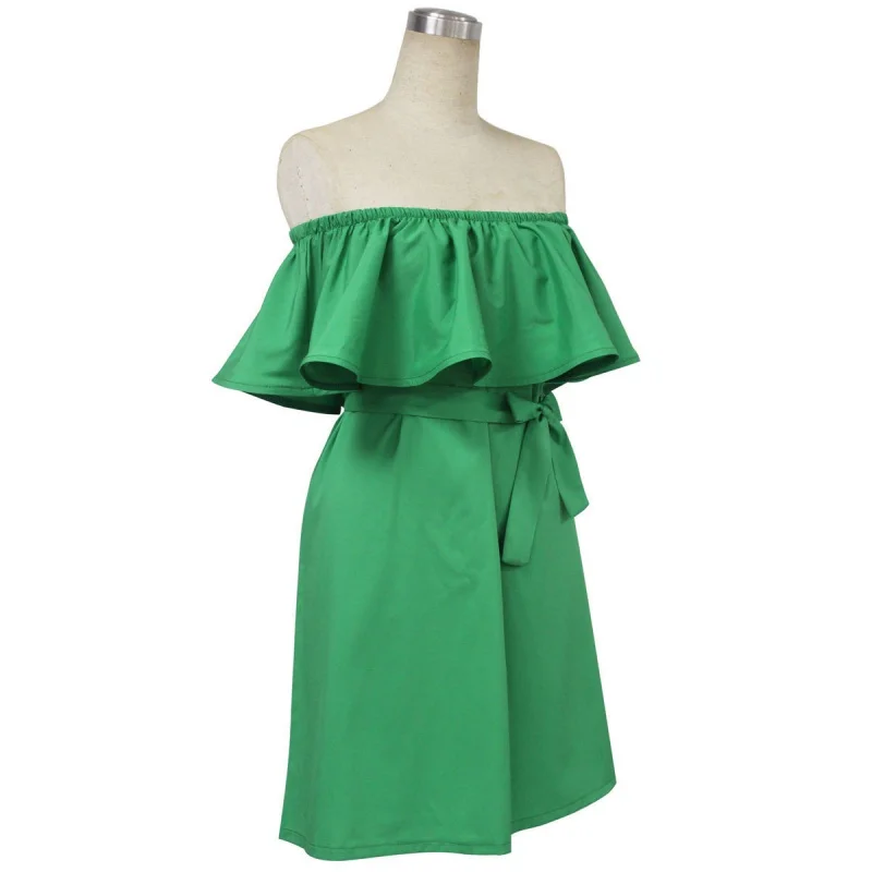 Wholesale Summer Women Ruffled Dress Evenning Mini Off-shoulder Solid Loose Casual Sexy Dress Buy Cheap Summer Women Ruffled Dress Evenning Mini Off-shoulder Solid Loose Casual Sexy Dress