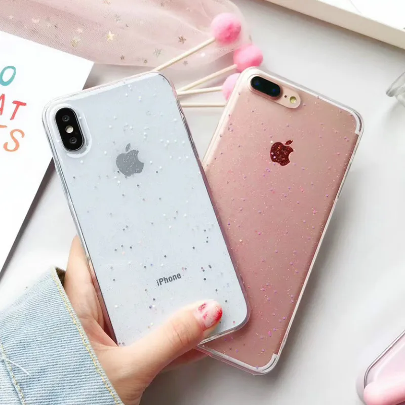 

Fashion Transparent Bling Glitter Stars Cover Phone Case For iPhone 6 6S 7 8 Plus X Solf Silicone Phone Cases Back Funda