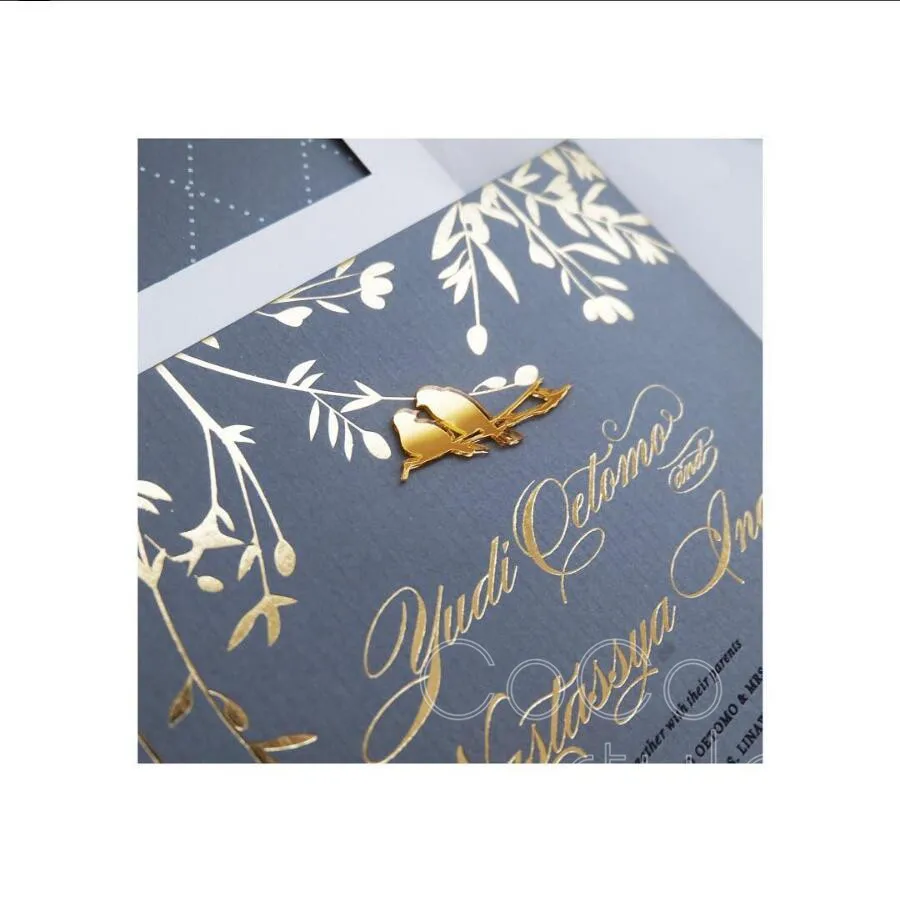  Cocostyles custom vintage gold foiling gray invitation card with acrylic bird for classical wedding - 32880883749