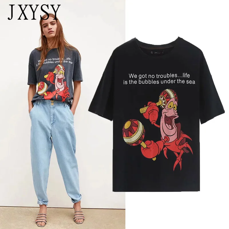 

JXYSY 2019 t-shirt women england style Cartoon Letter Printing character cotton short woven t shirt women tops
